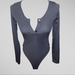 Grey Ribbed Button Up BodySuit
